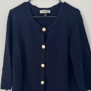 St. John Collection Navy Wool Blend Knit‎ Cardigan Sweater Jacket Gold Button 12